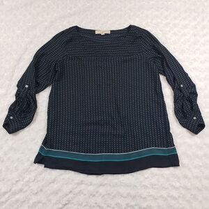 Loft petites size small sheer navy blouse with teal dots and sleeve buttons